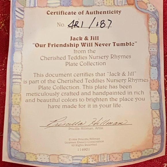 Cherished Teddies - Jack and Jill - Nursery Rhyme - Hanging Plate - Picture 4 of 7